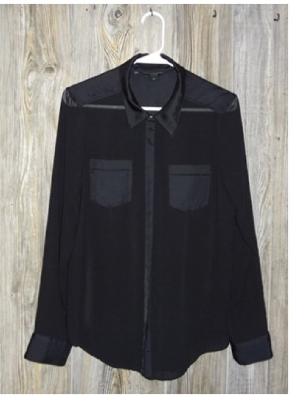 Guess Womens Black Sheer Button Down Long Slv Shirt Sz Medium Club Witch Goth